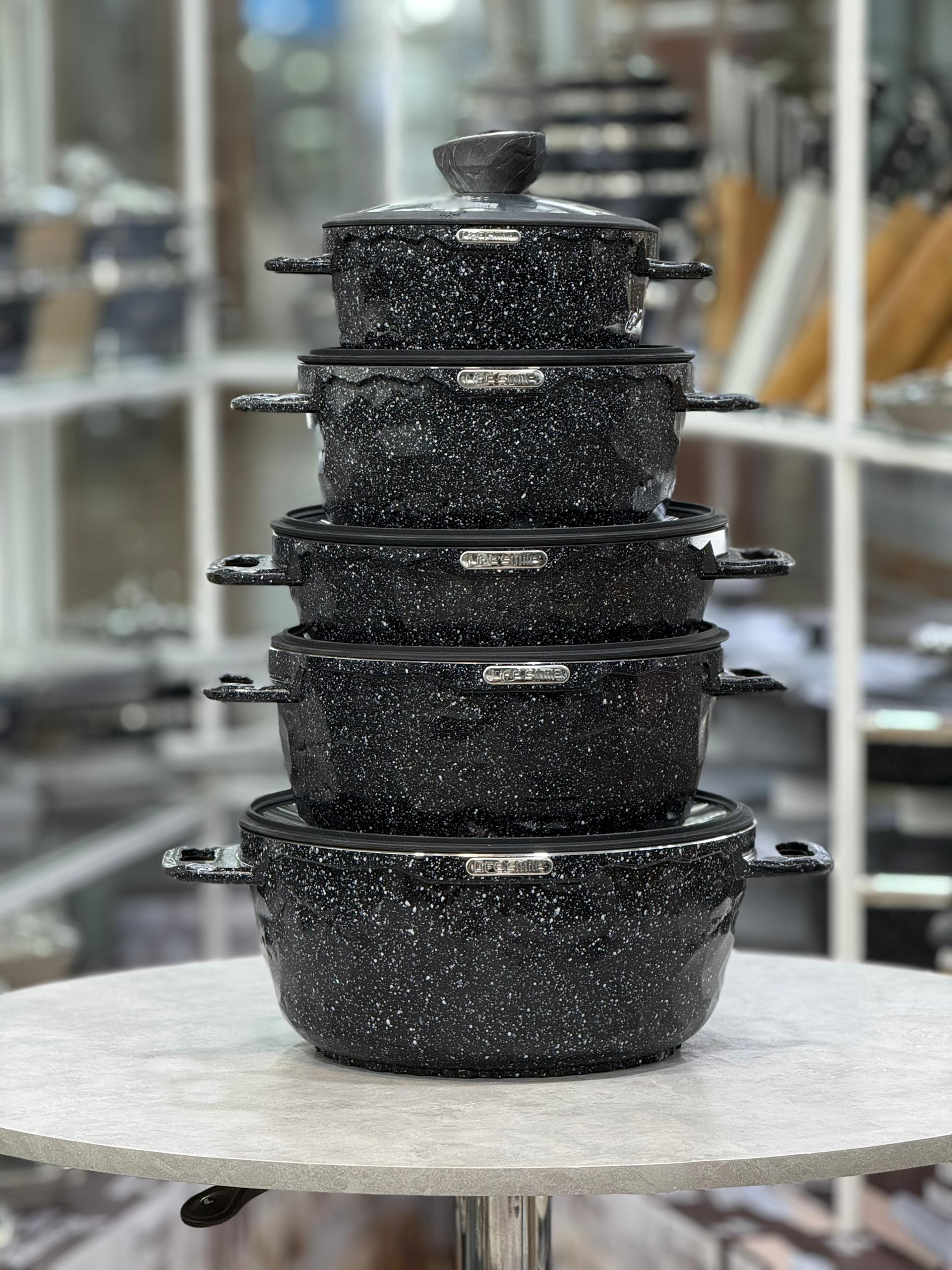 سرویس قابلمه گرانیتی لایف اسمایل 10 پارچه طرح سنگ مدلST10